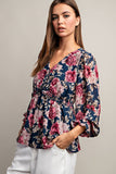 Peplum 3/4 Sleeve Floral Top | Navy