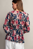 Peplum 3/4 Sleeve Floral Top | Navy