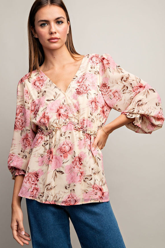 Peplum 3/4 Sleeve Floral Top | Ivory