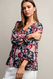 Peplum 3/4 Sleeve Floral Top | Navy