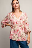 Peplum 3/4 Sleeve Floral Top | Ivory