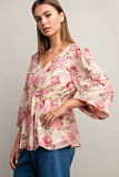 Peplum 3/4 Sleeve Floral Top | Ivory