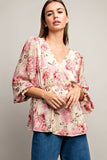 Peplum 3/4 Sleeve Floral Top | Ivory