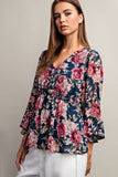 Peplum 3/4 Sleeve Floral Top | Navy