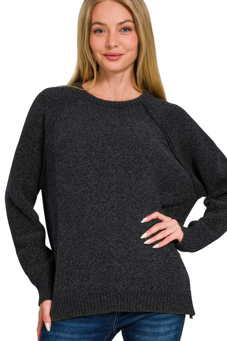 Chenille Raglan Sweater Top | Black