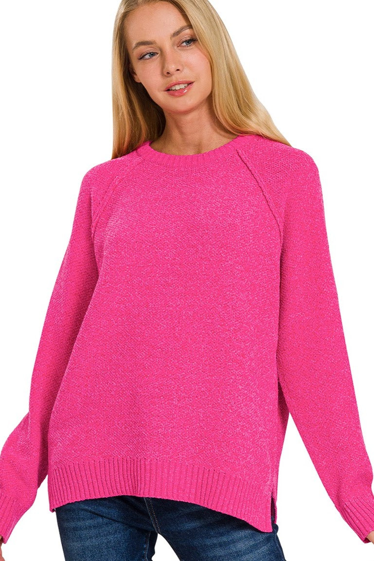 Chenille Raglan Sweater Top | Hot Pink