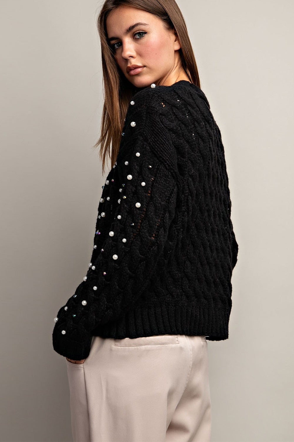 Pearl Accent Crochet Cardigan | Black