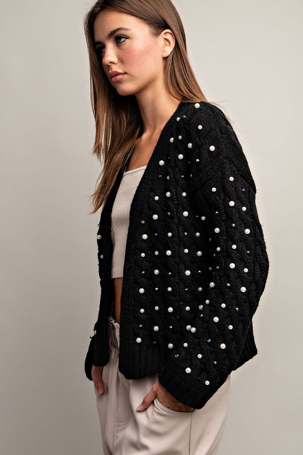 Pearl Accent Crochet Cardigan | Black