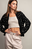 Pearl Accent Crochet Cardigan | Black