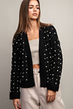 Pearl Accent Crochet Cardigan | Black