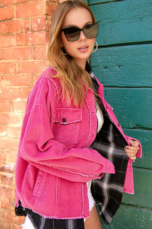 Vintage Washed Corduroy Textured Jacket | Candy Pink