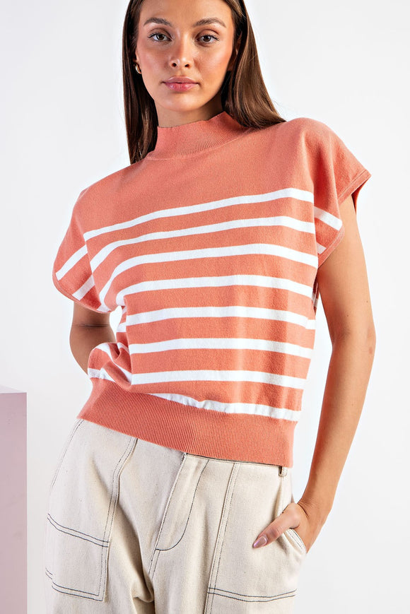 Striped Mock Neck Top | Clay