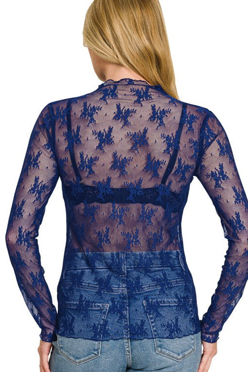 Lace See Through Layering Top | Navy