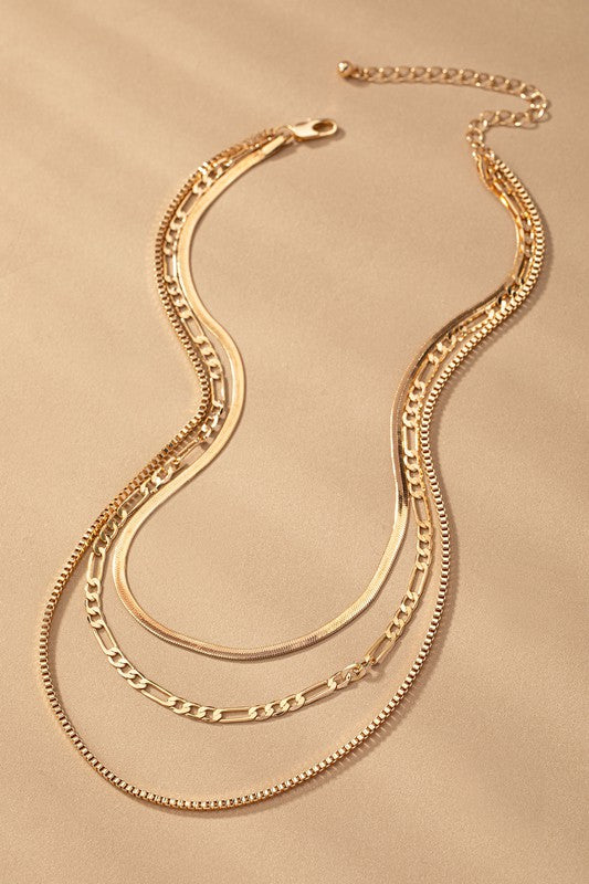 3 Layer Herringbone Mixed Short Necklace | Gold