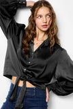 Tie-Front Satin Button Top | Black