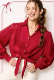 Tie-Front Satin Button Top | Ruby