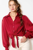 Tie-Front Satin Button Top | Ruby