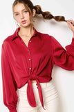 Tie-Front Satin Button Top | Ruby