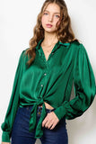 Tie-Front Satin Button Top | Emerald