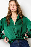 Tie-Front Satin Button Top | Emerald