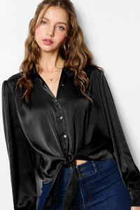 Tie-Front Satin Button Top | Black