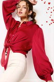 Tie-Front Satin Button Top | Ruby