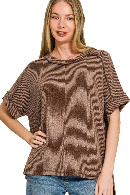 Raised Rib Cuff Sleeve Raw Edge Top | Chocolate