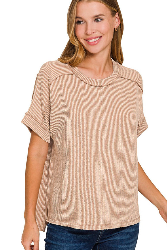 Raw Edge Ribbed Slouchy Top | Light Mocha