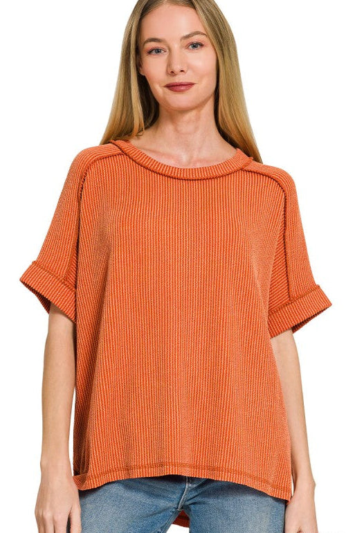 Raised Rib Cuff Sleeve Raw Edge Top | Burnt Orange
