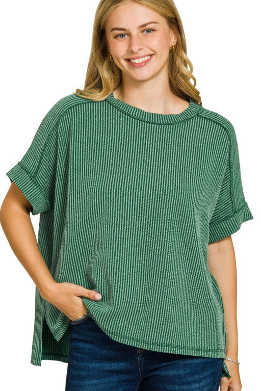 Raised Rib Cuff Sleeve Raw Edge Top | Hunter Green