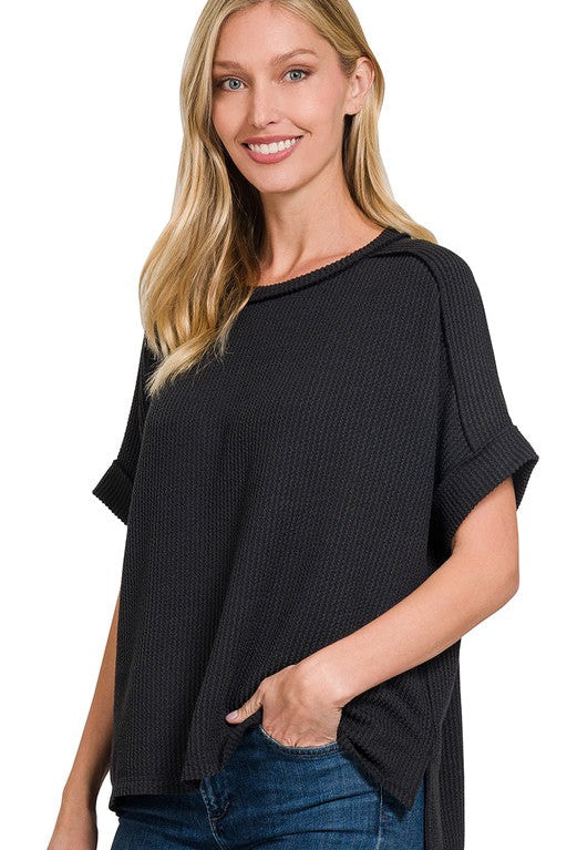 Raised Rib Cuff Sleeve Raw Edge Top | Black