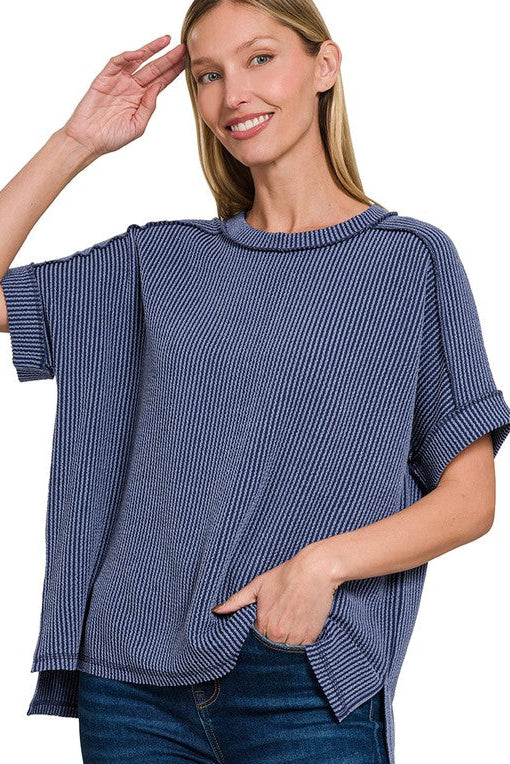 Raised Rib Cuff Sleeve Raw Edge Top | Navy