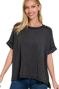 Corded Ribbed Cuff Raw Edge Top | Charcoal