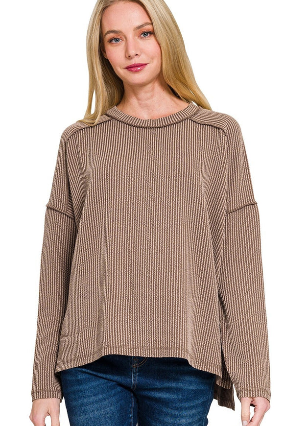 *DOORBUSTER DEAL | Rib Raw Edge Long Sleeve Top | Brown