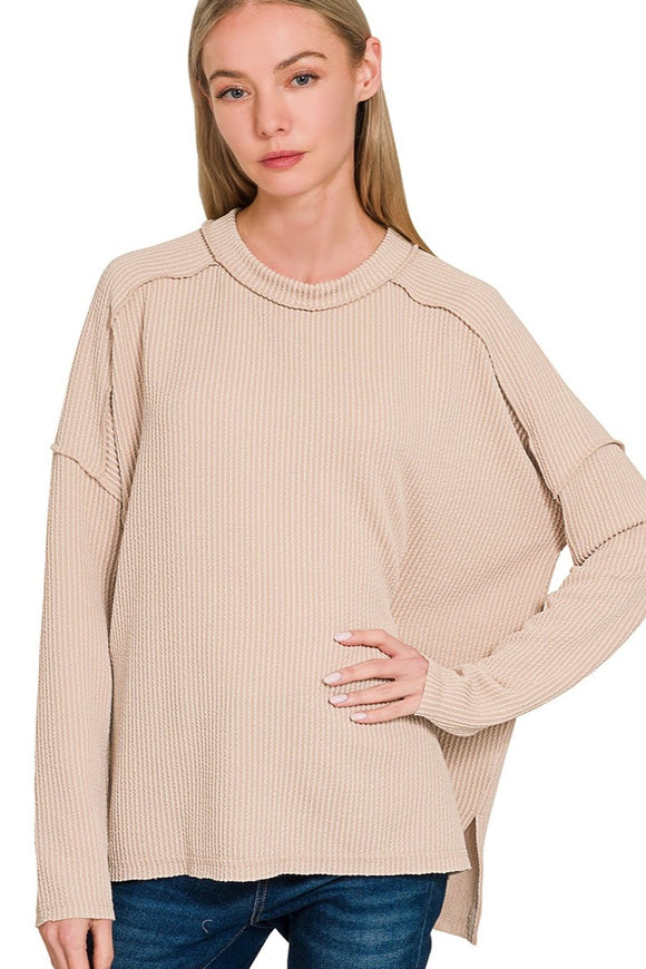 *DOORBUSTER DEAL | Rib Raw Edge Long Sleeve Top | Ash Mocha
