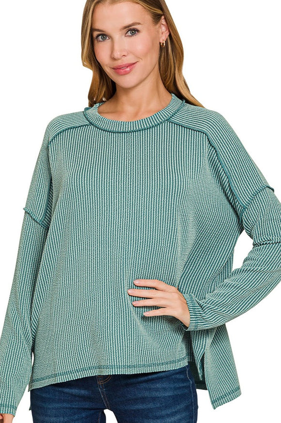 *DOORBUSTER DEAL | Rib Raw Edge Long Sleeve Top | Jade