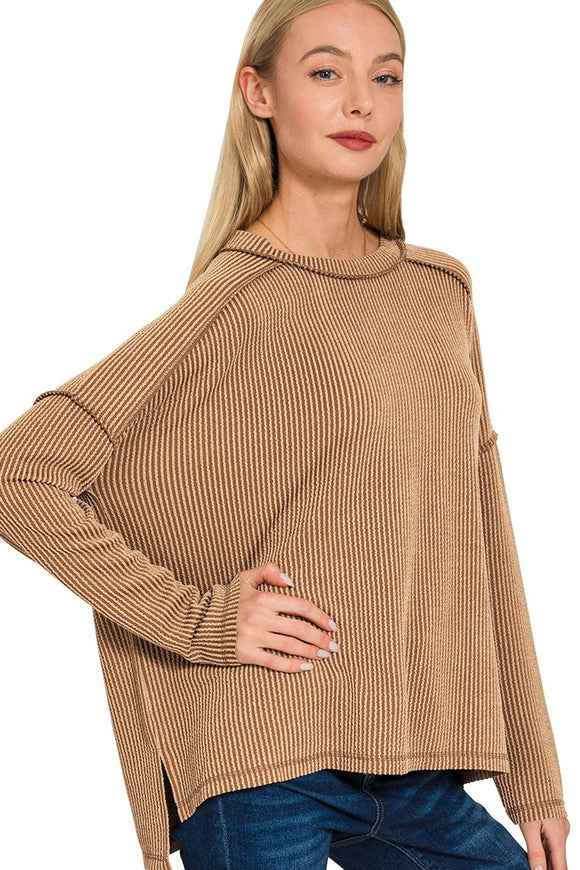 *DOORBUSTER DEAL | Rib Raw Edge Long Sleeve Top | Camel