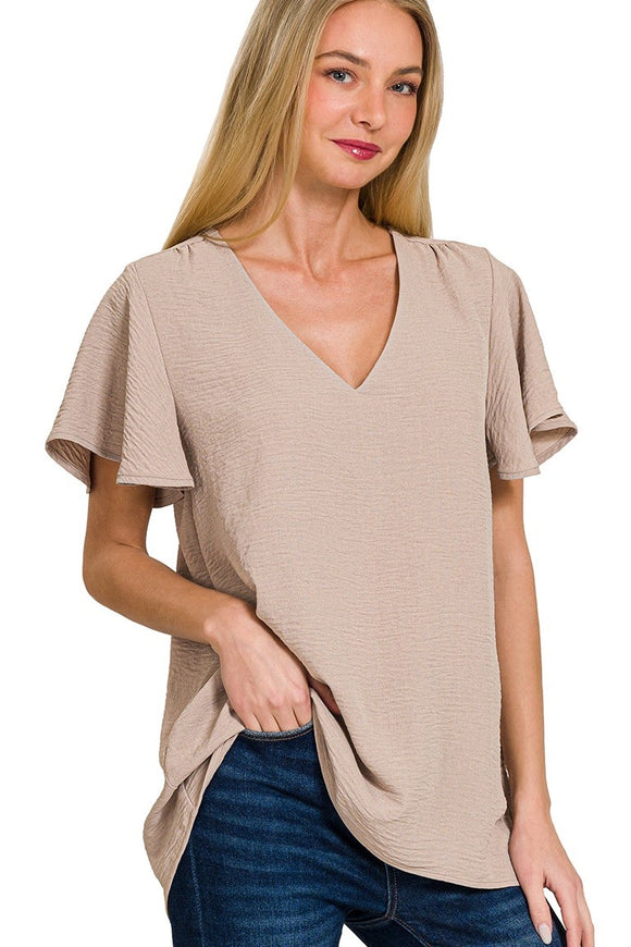 Flutter Sleeve Woven Airflow Top | Mocha