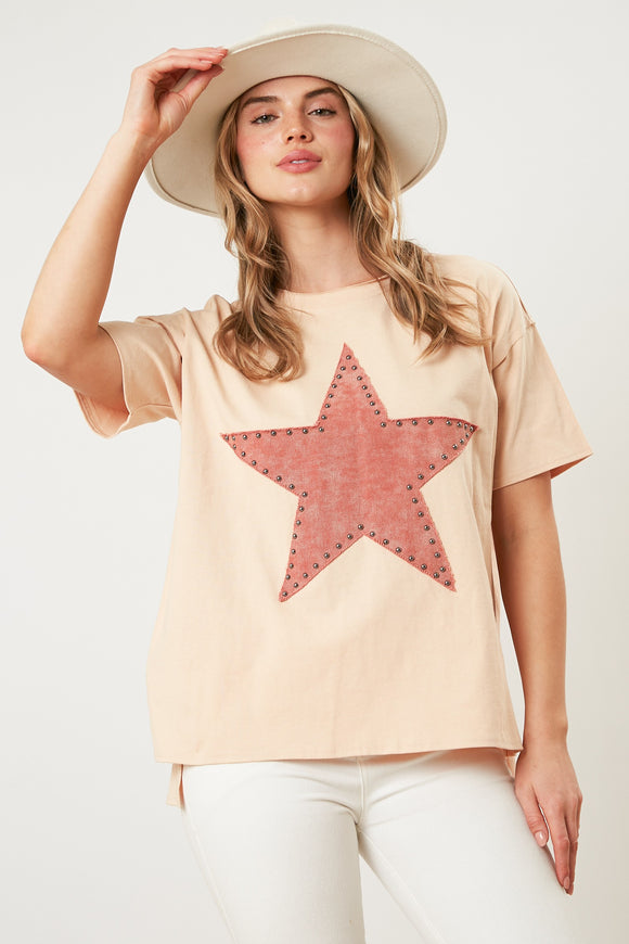 Studded Star Washed Twill Top | Beige