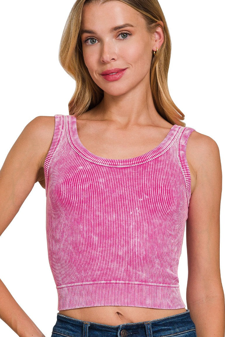 Washed Ribbed Cropped Seamless Tank Top | Hot Pink