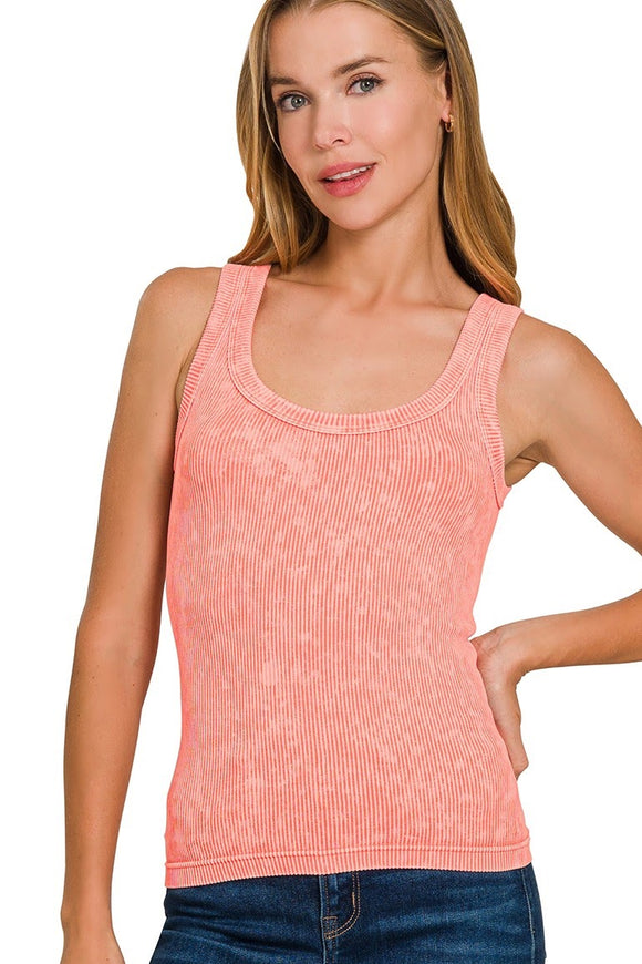 2 Way Washed Ribbed Tank Top | Coral