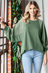 Cable Knit Bishop Sleeve Top | Light Olive