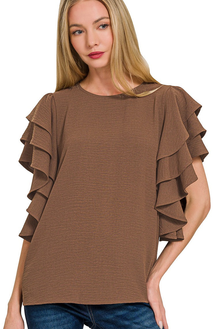 Tiered Ruffle Sleeve Top | Brown