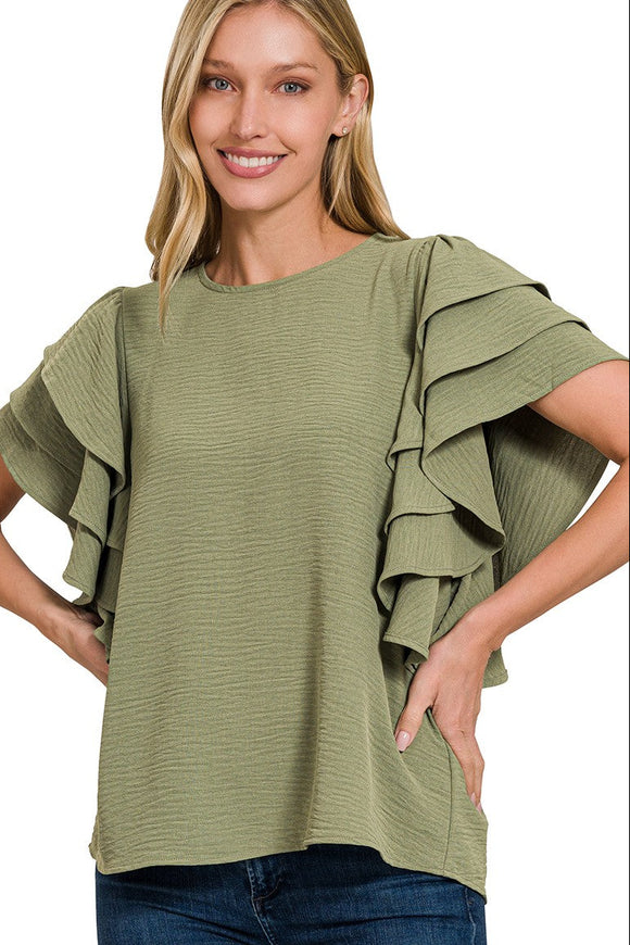 Tiered Ruffle Sleeve Top | Light Olive