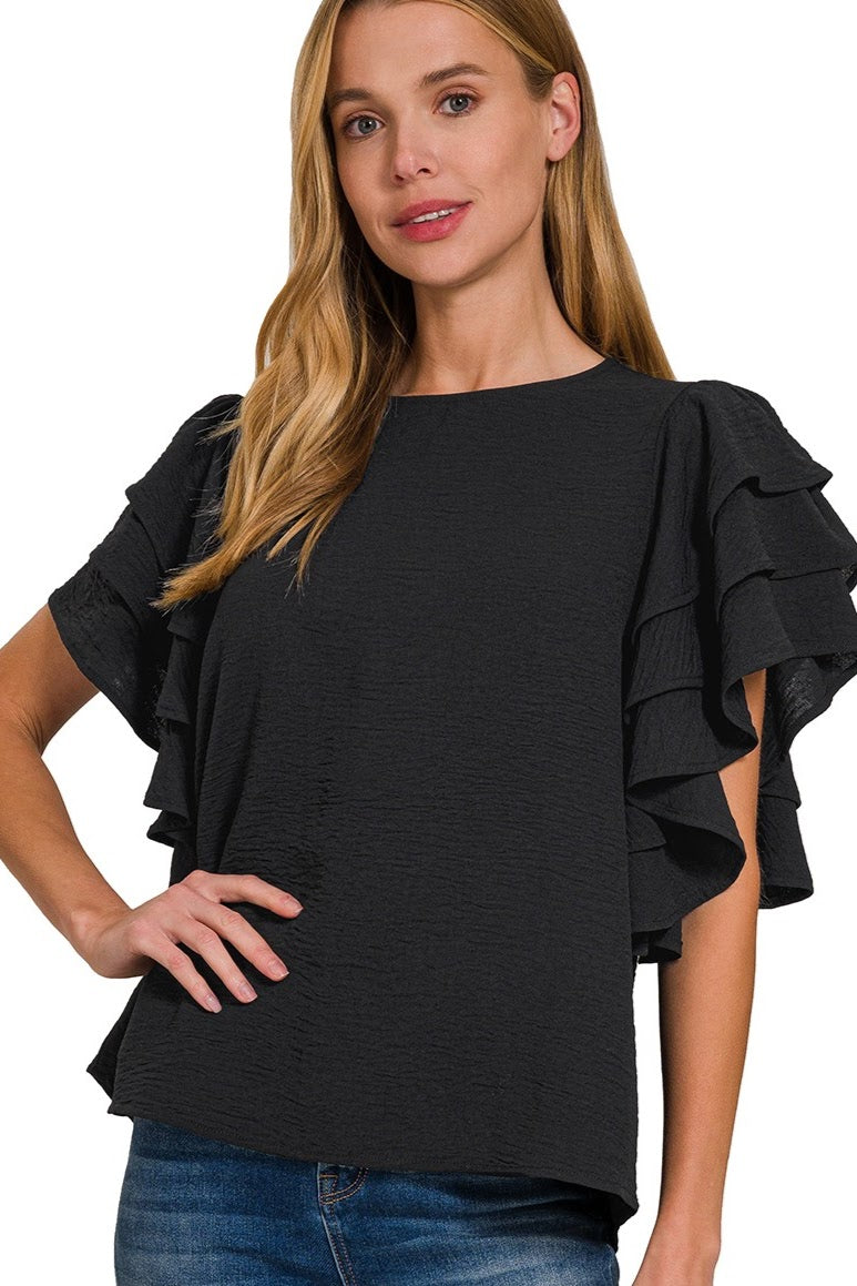 Tiered Ruffle Sleeve Top | Black