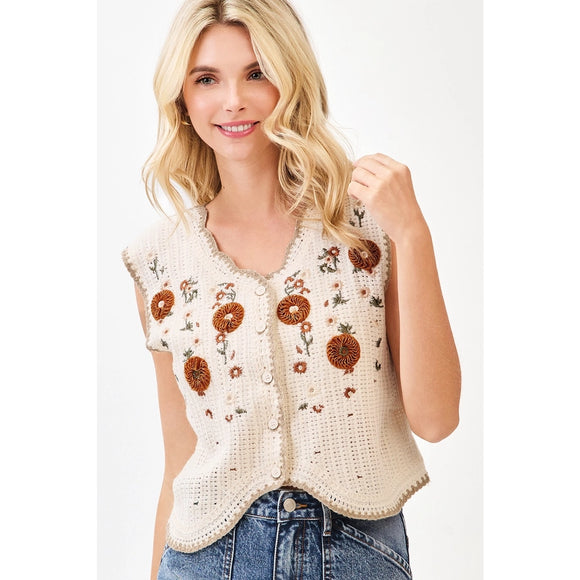 Floral Embroidery Crochet Vest Top | Cream