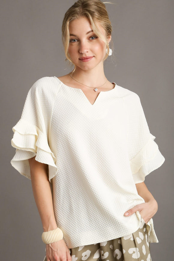 Boxy Jacquard Split Neck Ruffle Sleeve Top | Cream