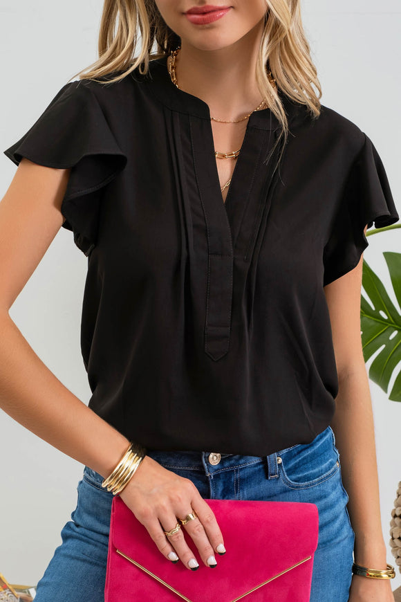 Pleated Flutter Sleeve Top | Black