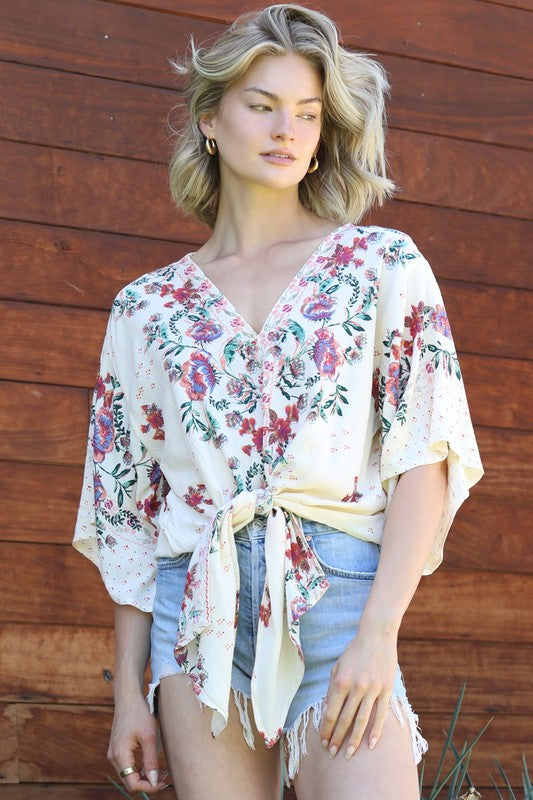 Floral V-Neck Front Tie Blouse Top | Ivory