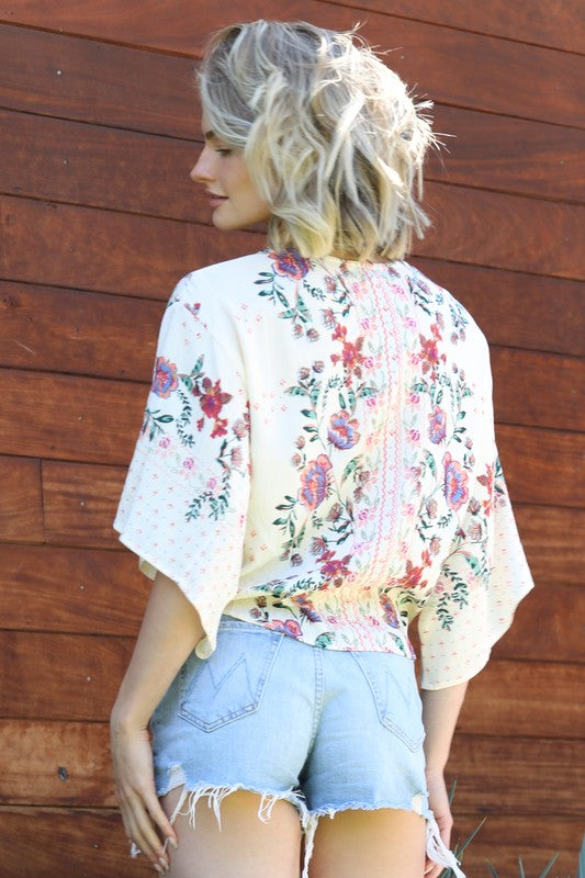 Floral V-Neck Front Tie Blouse Top | Ivory